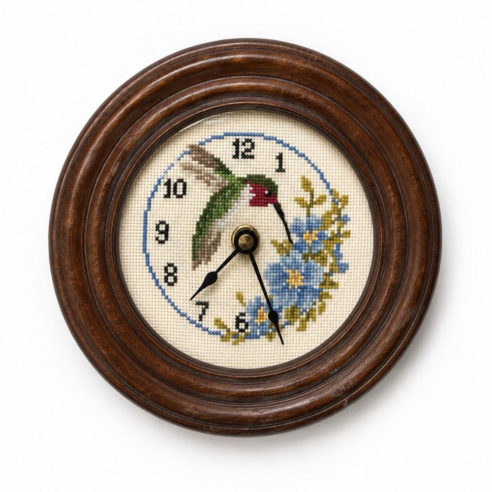 Vintage Needlepoint Hummingbird Wall Clock 7” Wood Frame Floral Quartz